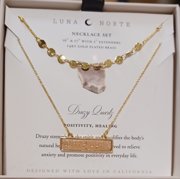 POWER OF TWO 2 Luna Norte Gold plated double Layer Necklaces DRUSY QUARTZ - Picture 1 of 4